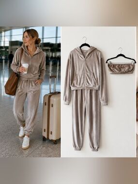 SKIMS Velour Hoodie Jogger Set Large + 2 Bandeau Bras XL & 2X Taupe 4 Piece